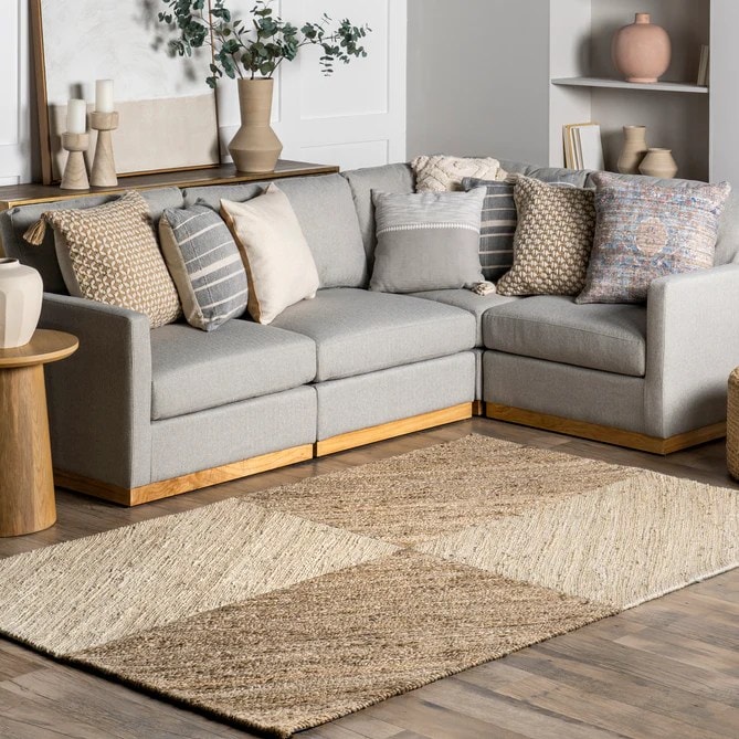 Beige and White Blockstripes Natural Jute Rugs For Living Room