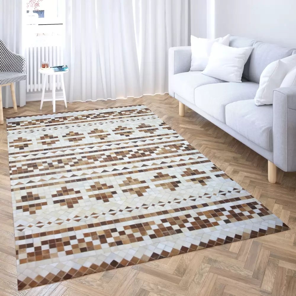Fusion Grid Leather Hanmdade Rug For Living Room, Bedroom