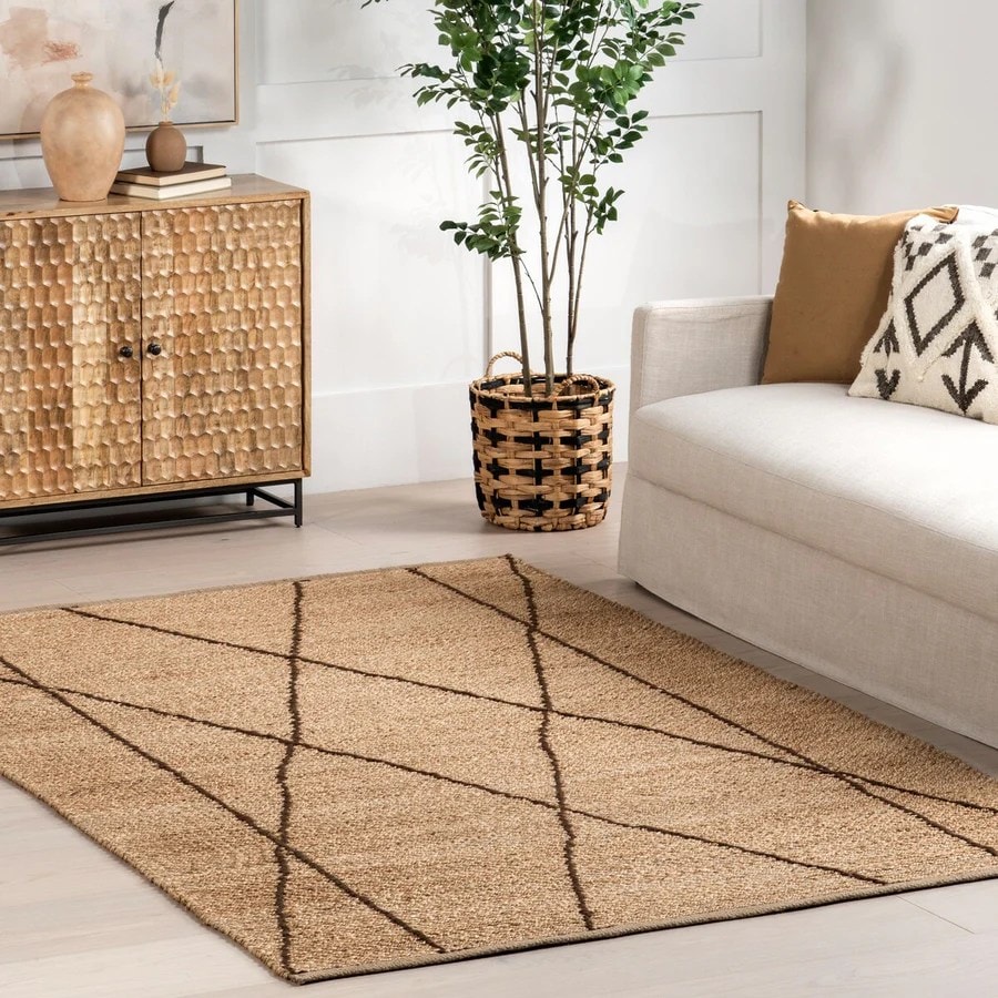 Criss-Cross Beige Jute Natural Area Rug For Living Room