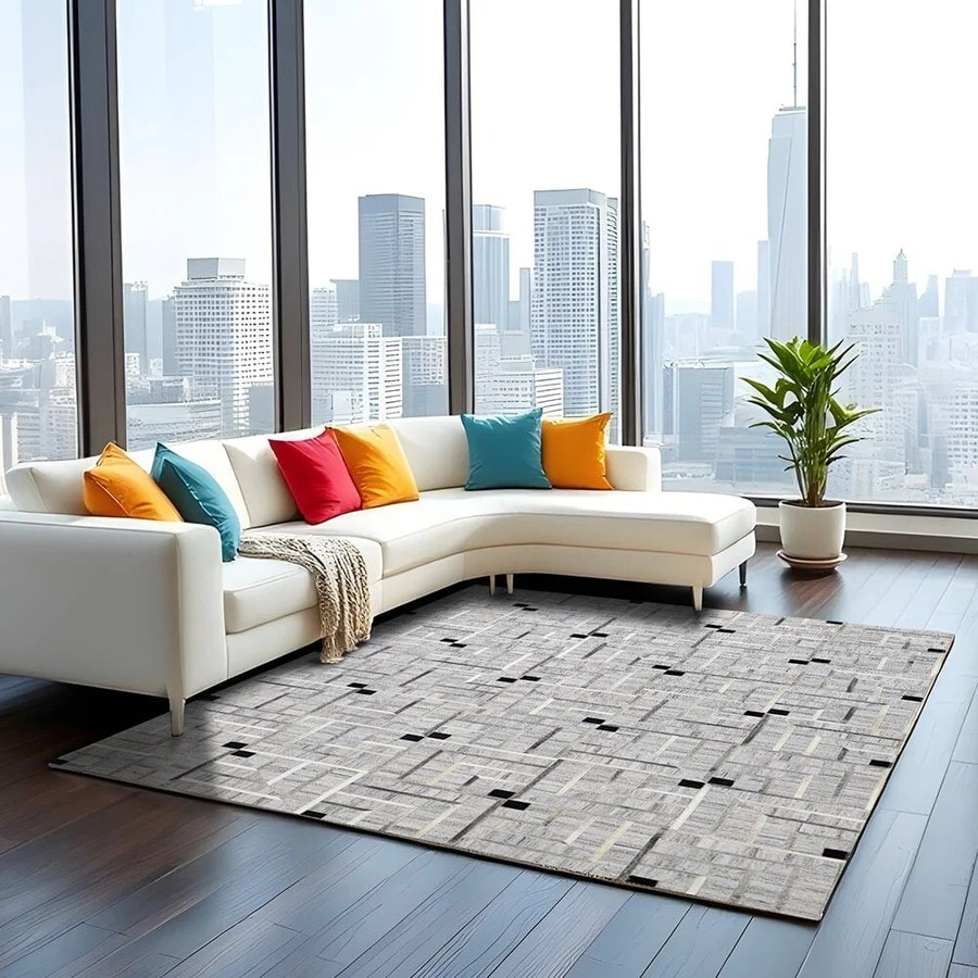 Grey Abstract Leather Handmade Rug For Living Room